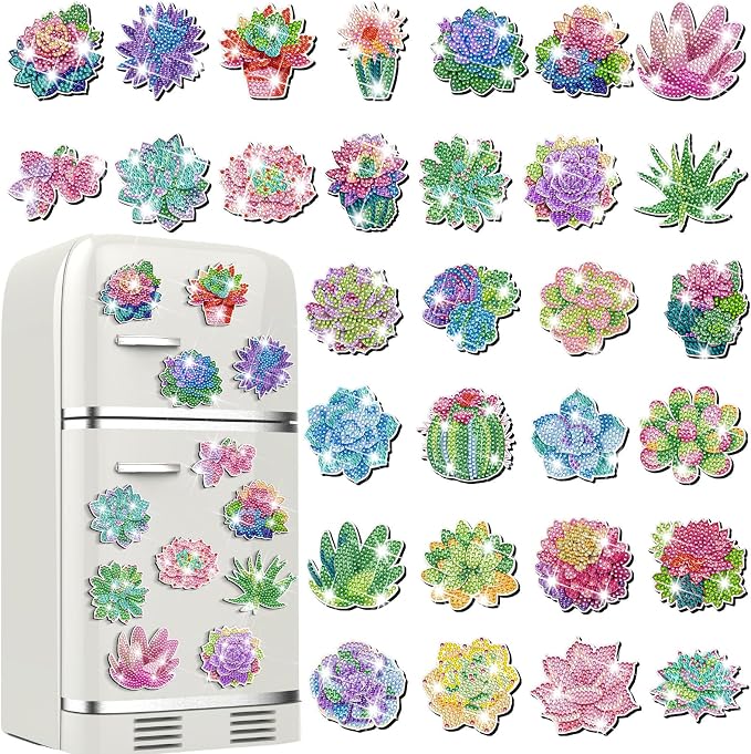 Remuuly 30 Pcs Succulent Diamond Painting Magnets Diamond Art Magnets Kits | Plant Diamond Art Kits for Adults, Refrigerator Magnet, 5D Rhinestone Fridge Magnetic Sticker, Diamond Club Gifts, DIY Crafts