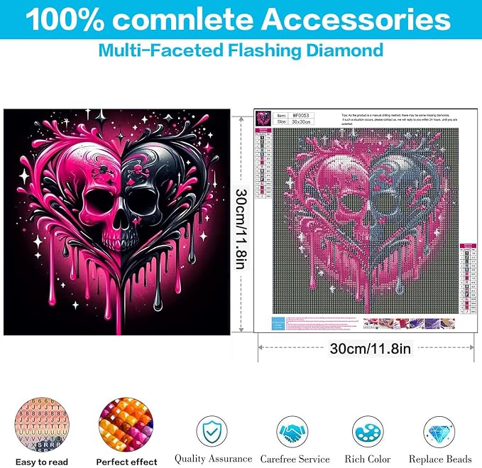 Square Drills Diamond Painting Kits, Skull Diamond Art Square 12x12in | Skull Diamond Painting Kit Square Drill, 5D Heart Diamond Art Square Drills Kits for Aldults Home Decor Gifts