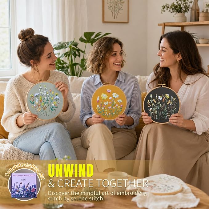 ETSPIL Embroidery Kit for Beginners, 2 Hoops, 4K Video, 4 Floral Patterns | Stitch Side by Side. Lines Fade as You Stitch. All Tools Included. Easy to Start, Weekend Family Craft