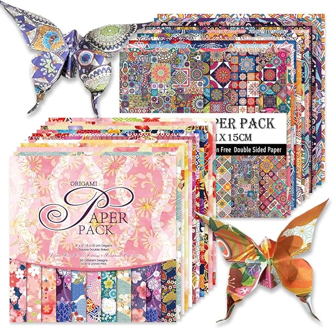 Origami Paper 100 Sheets, 6-Inch Square Double Sided Colored Craft Paper | 70GSM colorful paper,100 Vivid Pattern Origami Kit,DIY Hand Crafts,Arts Creativity,Easy to Fold,No-Fading.Bohemian Blossom