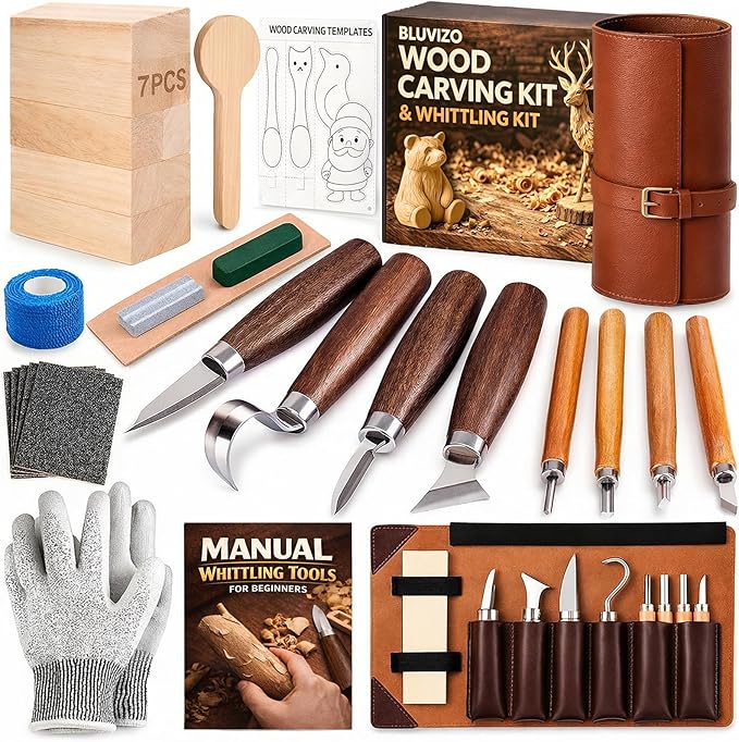 Wood Carving Kit Whittling Kit: Wood Carving Knife Tools with Leather Case | Deluxe Woodworking Hobby Kit for Beginners Adult Kids, Relaxing Creative Projects, DIY Art Craft Gift for Men Teens