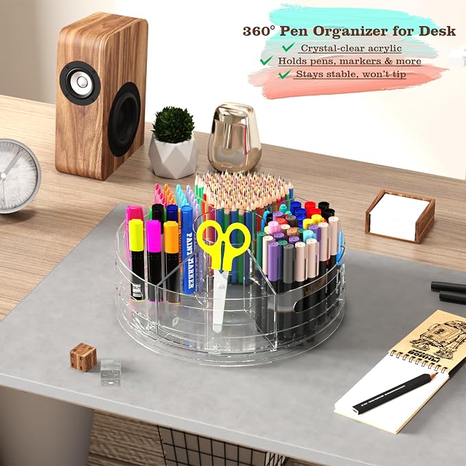 CraftGenes 2 Packs Rotating Clear Acrylic Pen Holder, Marker Organizer