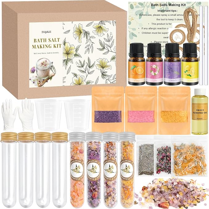 JUYRLE Bath Salts Making Kit- 31PCS DIY Bath Salts Making Kit, Make Your Own Sea Bath Salt, Relaxation Gifts for Women, Lavender, Rose, Body Care Spa Set, Organic Salt Scrubs Gifts for Women & Men