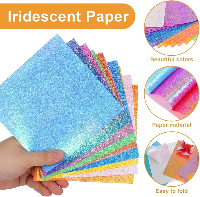 100 Sheets Iridescent Origami Paper, 6in Glitter Folding Paper