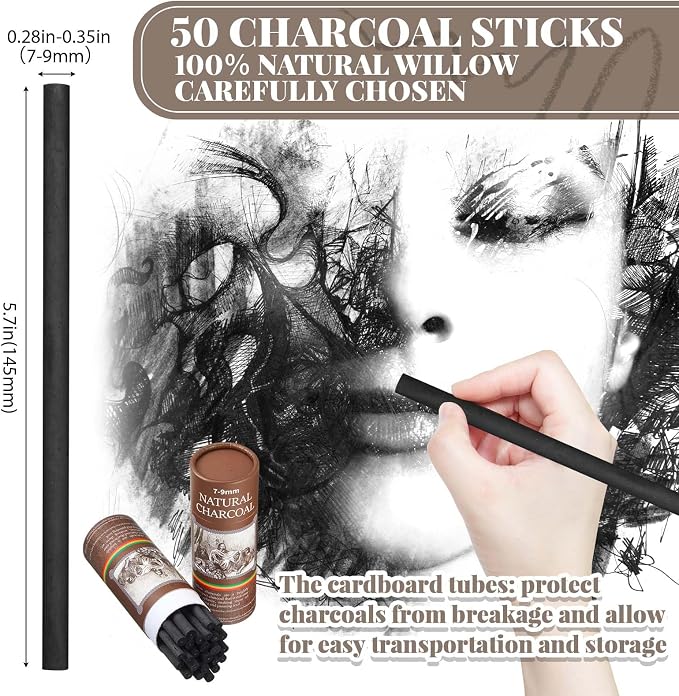 Gueevin 50 Pcs Soft Willow Charcoal Sticks Drawing,7-9mm | For Artists Beginners Students, Vine Charcoal Bulk for Sketching Shading Fine Art, Assorted Sizes, Back to School Gifts