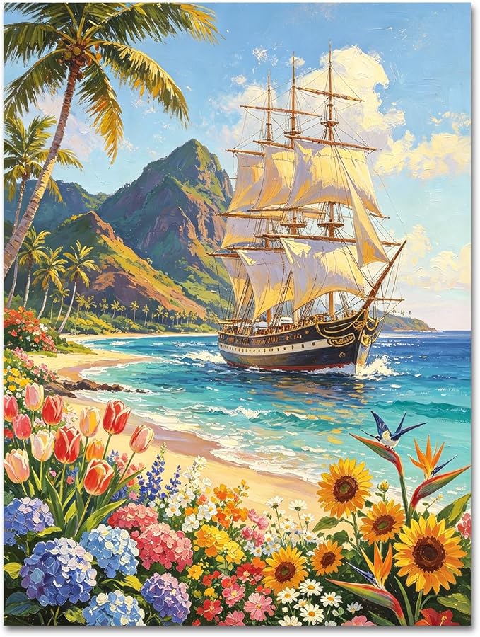 Landscape Paint by Numbers for Adults, Paint by Number 16x20 inch | Boat Paint by Numbers Kit for Adults, Landscape Acrylic Painting by Numbers for Gift Home Wall Decor (without Frame)