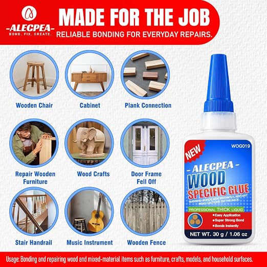 ALECPEA Wood Glue, Thick CA Glue for Wood, 30g with 3 Droppers
