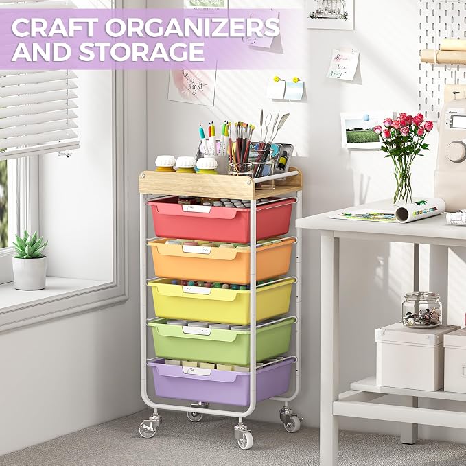 SYKIARIOL Utility Cart with 5 Labeling Drawers and Wooden Tabletop | Rolling Storage Cart for Crafters, Artists, Kids, Teachers, and Students – Organize Arts, Crafts, Sewing & Study Supplies