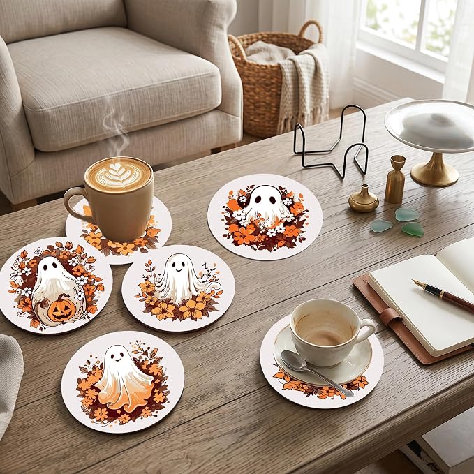 8 Pack Halloween Paint by Numbers Kits Coasters with Holder Cork Pads | Autumn Ghost Paint by Number Kits for Adults Simple Round Oil Painting Coaster for Small DIY Craft Holiday Gift 3.9x3.9in