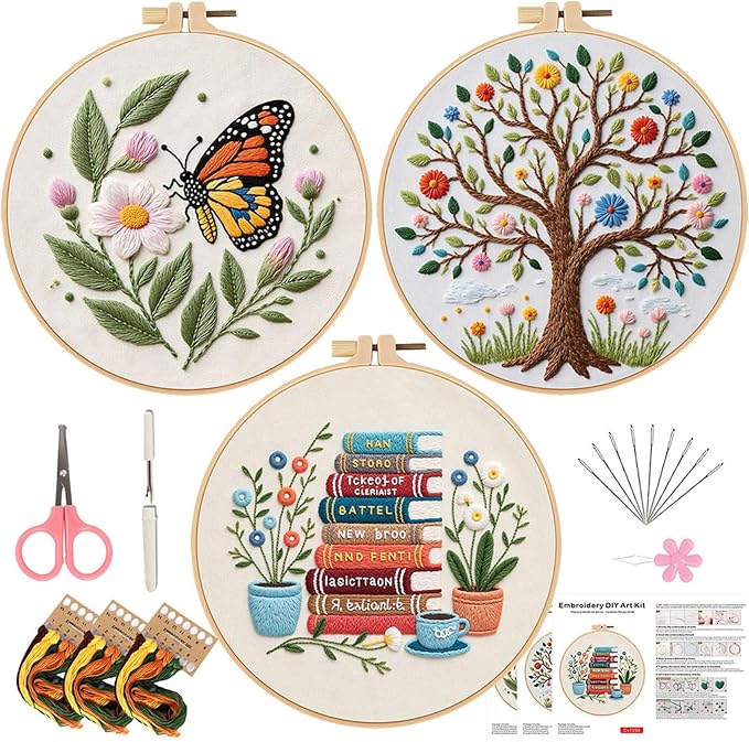 SCECALA 3 Pack Butterfly Flower Embroidery Kit for Beginners
