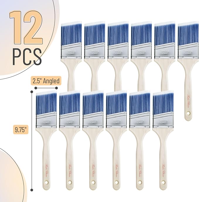 Bates- Paint Brushes, 2.5-Inch, 12 Pack Angle Brushes, Treated Wood Handle | Wall Paint Brushes for Walls, Stain Application, Furniture Painting & Interior Painting Work