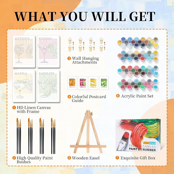 Okarina 4 Pack Paint by Numbers Kit for Adults with Frame, Retro Cocktail | DIY Acrylic Painting Kit with Wooden Easel, Framed Paint by Number for Beginners, Home Wall Decor & Gift, 8 x 12 Inch