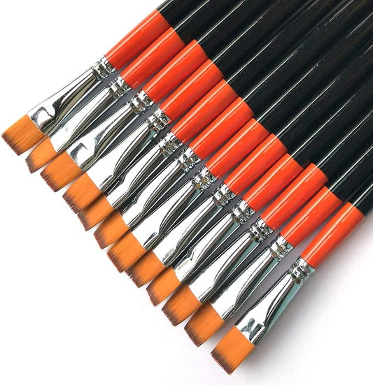 1/2 Inch Flat Bright Paint Brush Set of 12, Premium Taklon Synthetic Hair | No Shedding Bristles for Acrylic Watercolor Oil Gouache Tempera Enamel Ink Painting for Students, Professionals & Artists