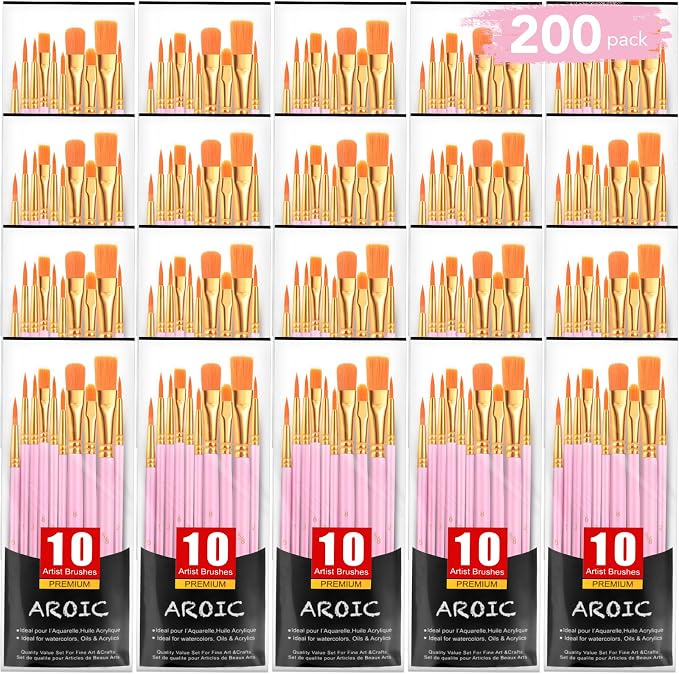 Acrylic Paint Brush Set, 20 Packs/200 pcs Nylon Hair Brushes | Oil and Watercolor, Perfect Suit of Art Painting, Best Present for Painting Pink