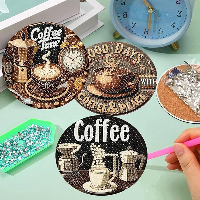 8 Pcs Diamond Art Coasters Kits, Coffee Diamond Painting Coasters Kits