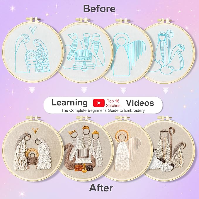 Huacan Embroidery Kit for Beginners with Tutorial Video & Gift Box | DIY Pre-printed Religion Patterns, 7.9×7.9 inch Fabric, Complete Embroidery Supplies with Gift Box for Beginners