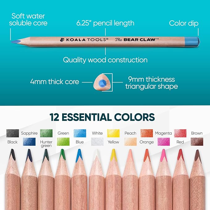 Koala Tools - Bear Claw Colored Pencils for Adults and Kids, Water Soluble Color Pencils with Triangular Grip for Art and Shading, Large Coloring Pencils, Pack of 12