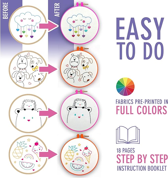 Embroidery Kit for Kids Ages 7-13 - 10 Pre-Stamped Beginner Patterns