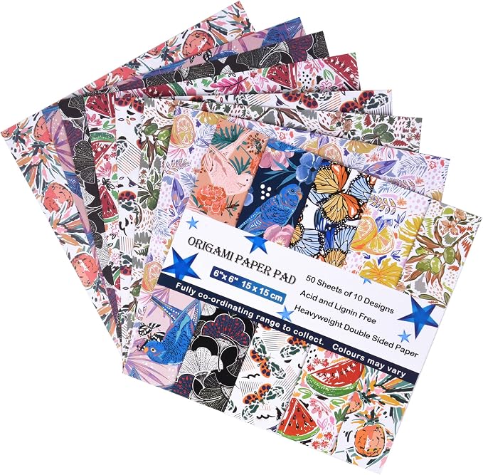 Origami Paper Kit 50 Sheets, 6x6 Inch Double Sided 20 Vivid Colored Paper | 70GSM Colorful Paper,20 Different Pattern Origami Kit,DIY Hand Crafts,Arts Creativity,Easy to Fold,No-Fading.Flowers & Birds