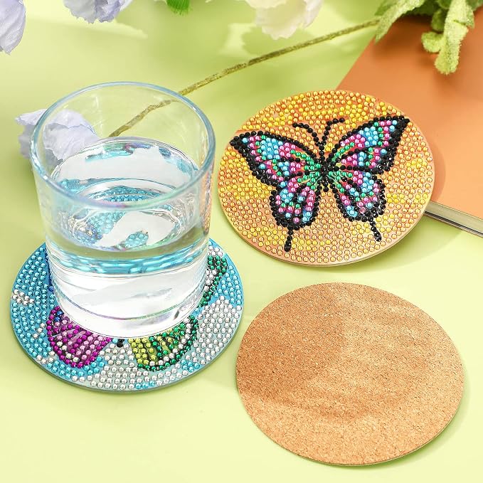 UPINS 8Pcs Butterfly Diamond Art Painting Coasters for Drinks | DIY Life Coaster Diamond Art Kits ,for Adults Kids Beginners Diamond Art Craft Supplies