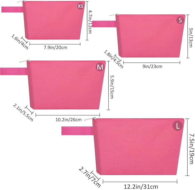 10 Pieces Cotton Canvas Makeup Bag with Bottom and Strap, Multi-Purpose Cosmetic Bag with Zipper Travel Toiletry Pouch, Blank DIY Craft Bag (Hot Pink, L)