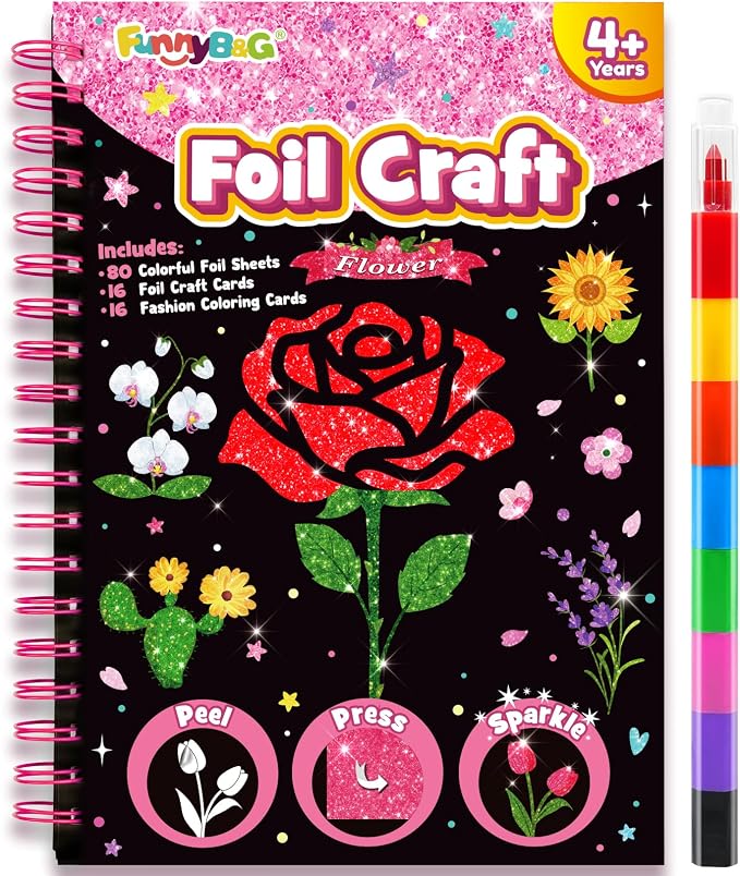 FUNNYB&G Foil Art Craft Kit for Kids, Sparkly Birthday Gift Toy for Girls | No Mess, Kids Ages 4-10 Create Sparkling Artwork, A Creative Gift for Birthdays, Holidays, Travel Activities,Screen-Free Fun