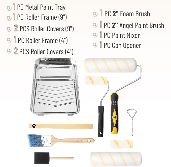Bates- Paint Tray Set, Paint Roller Kit, 11 pcs, 9" & 4" Rollers, Small Roller, Trays & Covers for House Painting Supplies
