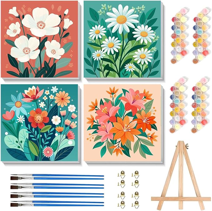 cviokrdu 4 Pack Paint by Numbers Kit for Kids with Frame - Wooden Easel, Flowers Paint by Numbers for Kids Ages 4 8 12, Easy Flower Acrylic Oil Painting Kits for Home Wall Decoration 8x8 inch