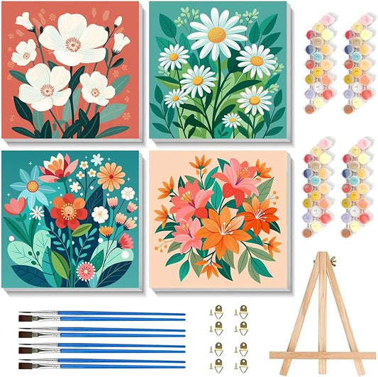 cviokrdu 4 Pack Paint by Numbers Kit for Kids with Frame - Wooden Easel, Flowers Paint by Numbers for Kids Ages 4 8 12, Easy Flower Acrylic Oil Painting Kits for Home Wall Decoration 8x8 inch