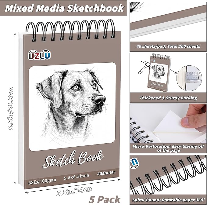 5 Pcs Sketch Books Bulk 5.5 x 8.5 in 200 Sheets Top Spiral Bound Sketch Pad Drawing Paper 40 Sheets Each Acid Free Mixed Media Sketchbook 68lb/100gsm Art Supplies for Beginner Artist