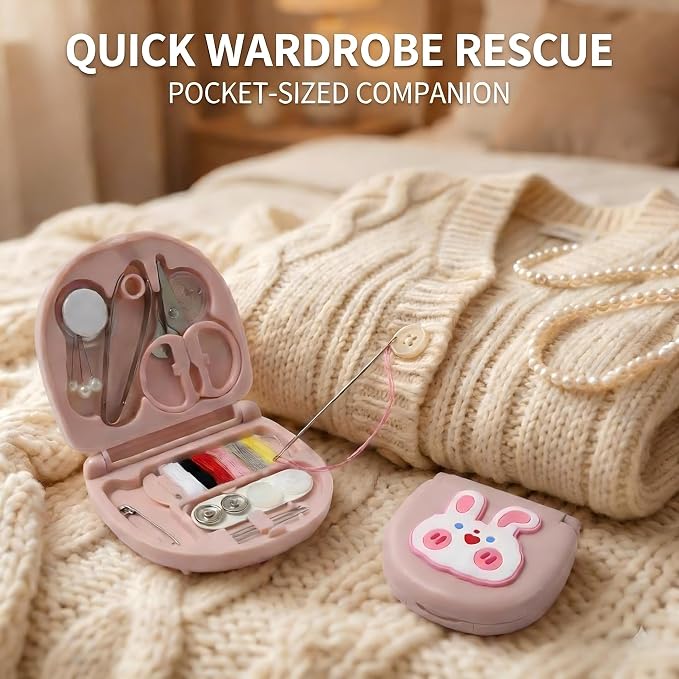 2 Pack Mini Travel Sewing Kit, Portable Emergency Sewing Box with Scissors, Needles, Threads, Compact Clothing Repair Set for Travel, Purse, Office, College Dorm (3D Bunny Pink)