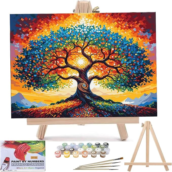 ldazao Tree of Life Paint by Numbers for Adults Beginner with Frame Wooden Easel Stained Glass Painting Kit Color by Numbers 20 X 16 Inches