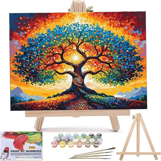 ldazao Tree of Life Paint by Numbers for Adults Beginner with Frame Wooden Easel Stained Glass Painting Kit Color by Numbers 20 X 16 Inches