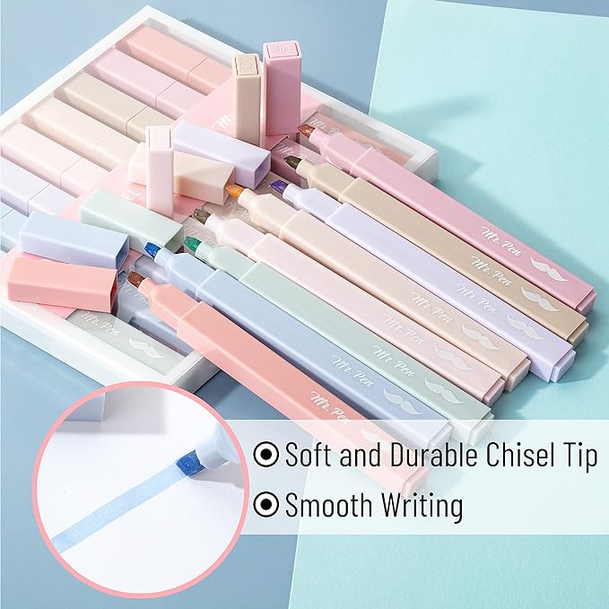 Mr. Pen- Aesthetic Highlighters No Bleed, 8 Pack, Muted Pastel Color | Chisel Tip, Cute Highlighters Assorted Colors for Journaling, Highlighting, Underlining, Fast Dry, Back to School Supplies
