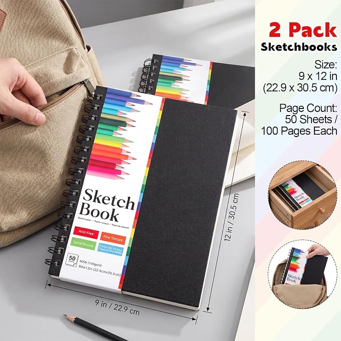 9 x 12 Sketch Book, 2-Pack, 50 Sheets Each, Top Spiral Bound