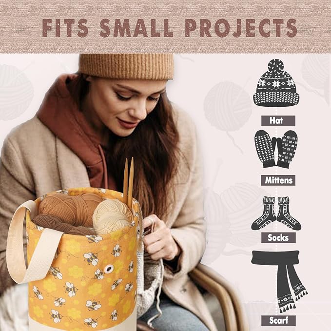TOGETRUE Yarn Bag, Knitting Crochet Bag, Portable Yarn Storage Bags Organizer for Crocheting Project, Store Skein Ball, Short Knitting Needle (Medium, Bees)
