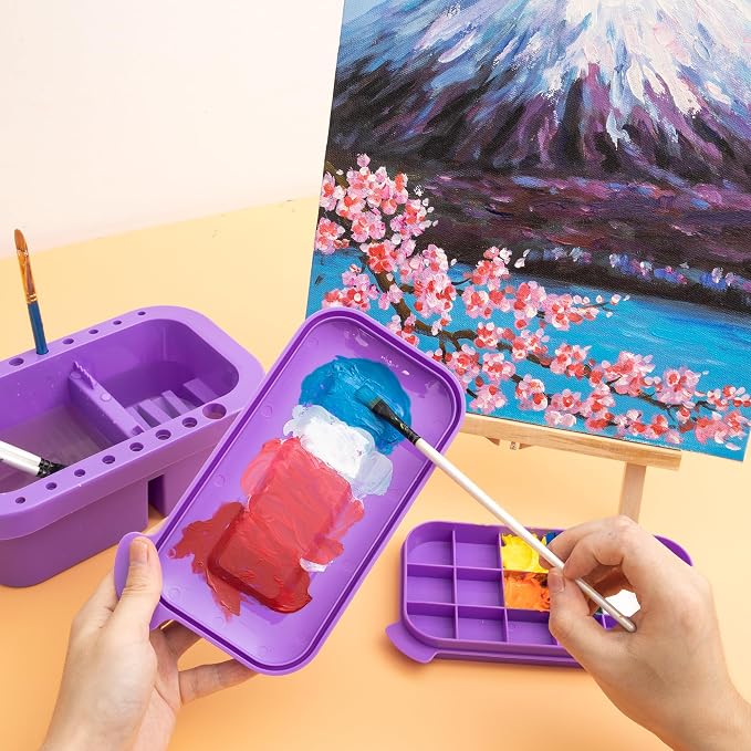 MyLifeUNIT Paint Brush Cleaner, Paint Brush Holder with Palette, Purple | 18 mixing wells, 16 slots fitting 0.24-0.63 in diameters, 3 washing compartments, removable tray lid