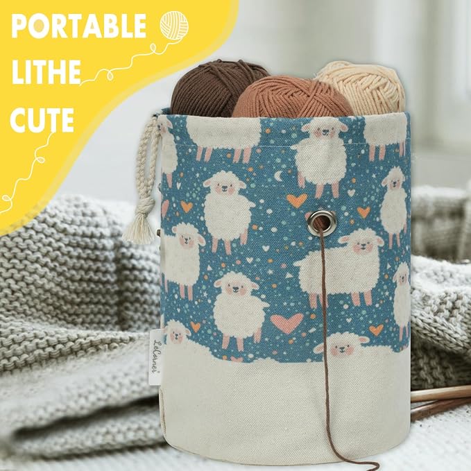 Small Crochet Bag Organizer, Drawstring Storage Knitting Bags, Portable Cute Sheep Yarn Holder for Crocheting Project, Store Skein Ball, Needles Accessories
