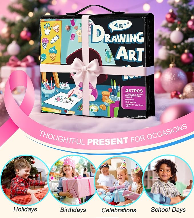 237-Piece Kids Art Set with Double-Sided Easel, Painting Kits for Kids Ages 4-8, Non-Toxic Art Supplies for Girls & Boys, Drawing Set with Watercolor, Oil Pastels, resent for Young Artists-Black