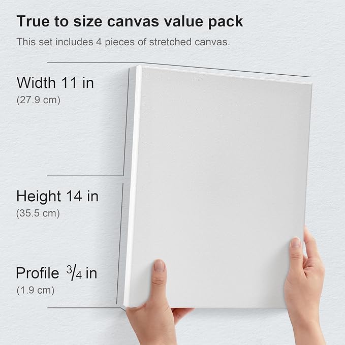 PHOENIX Professional Stretched Watercolor Canvas - 11x14 Inch/4 Pack, 100% Cotton Water Color Canvases for Painting, 8 Oz. / 260g White Blank Medium Texture Canvas for Water Based Paints