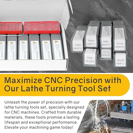 Indexable Lathe Turning Tool 21Pcs Kit 5/16" 8mm Shank 7 Pcs Metal Lathe Tool Holder Set with 14 Pcs Turning Inserts for Turning Grooving Threading Boring Carbide Inserts Carbide Turning Tool