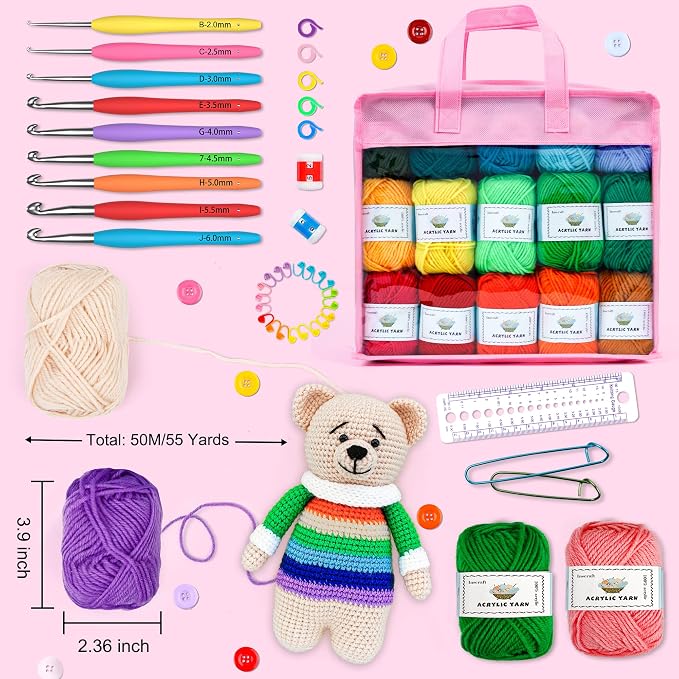 Crochet Yarn Kit for Beginners Adults and Kids, Includes 1650 Yards 30 Colors Acrylic Skeins, User Manual, Hooks, Pink Bag etc, Make Amigurumi & Crocheting Projects, Starter Set for Professionals