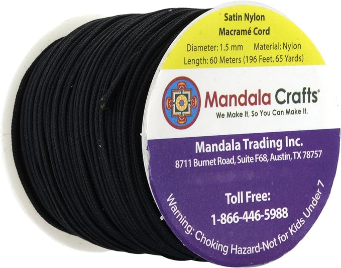 Mandala Crafts 1.5mm Black Rattail Nylon Satin Cord for Jewelry Making