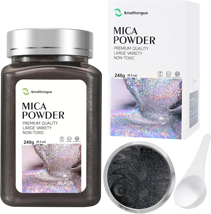 Mica Powder, Black, 240g with Scoop, Complies with ASTM D-4236 | For Epoxy Resin, Soap, Bath Bomb, Candle| Safety Material| Odorless| Brilliant Colors