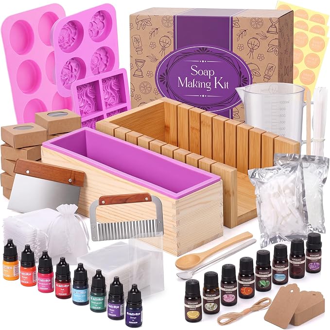 Honeydak Soap Making Kit Complete, 2kg Soap Base, 8 Liquid Dyes, 8 Fragrance Oils, Wooden Cutter Box, 3 Silicone Molds, Stainless Steel Cutters, Packaging Supplies for Beginners & DIY Gift