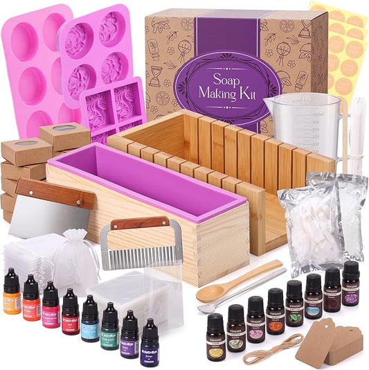 Honeydak Soap Making Kit Complete, 2kg Soap Base, 8 Liquid Dyes, 8 Fragrance Oils, Wooden Cutter Box, 3 Silicone Molds, Stainless Steel Cutters, Packaging Supplies for Beginners & DIY Gift