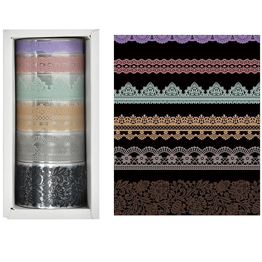 6 Rolls Lace Patterns PET Tapes Floral Arts Decorative Tape Set Adhesive Transparent Masking Tapes for DIY Craft, Kids, Scrapbook, DIY, Gift Wrapping, Journal (Gentle and Graceful)