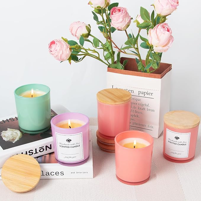 CONNOO 12 Pack 10 OZ Colorful Glass Candle Jars | Airtight Bamboo Lids Nice Sticky Warning Labels for Candle Making Empty Container Bulk - Dishwasher Safe
