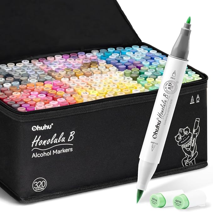 Ohuhu Alcohol Markers 320 Colors Brush Fine for Artist Adults Cozy Coloring | AP Certified Refillable Art Marker, Dual Tips Alcohol-based Drawing Markers for Artist Beginner Illustration Sketch, Honolulu