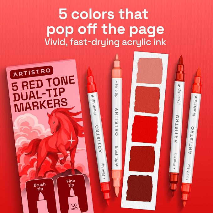 ARTISTRO 5 Red Tones Dual-Tip Acrylic Paint Marker Pens for Drawing | For Fabric, Rock, Glass, Wood, & Molds, Arts & Crafts Gift for Adults, Teens, & Kids, Classroom Must Haves & School Supplies
